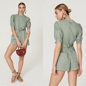 Ulla Johnson Carmine Romper Jumper Short Puff Sleeve Button Belted Green 8